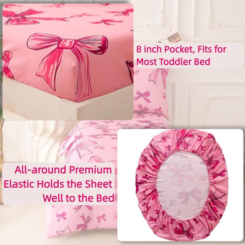 SDIII 4 Piece Pink Bow Girl Toddler Bedding Set, Cute Bowknot Princess Toddler Bedding Set with Comforter, Fitted Sheet, Flat Sheet and Pillowcase - Image 3
